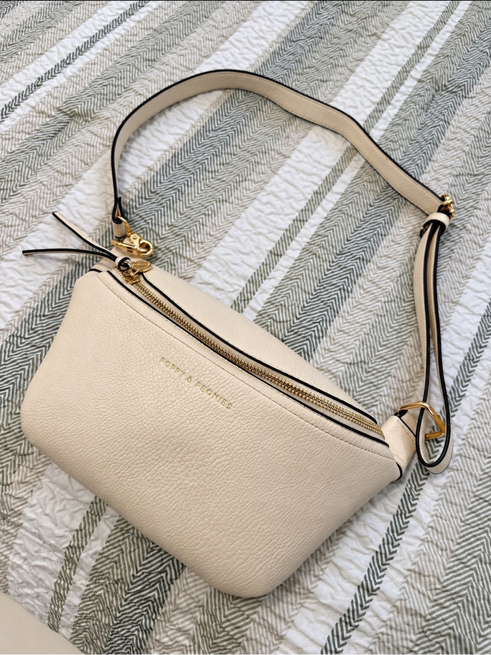 Poppy & Peonies Cream Pebbled Leather Crossbody Belt Bag with Gold Hardware